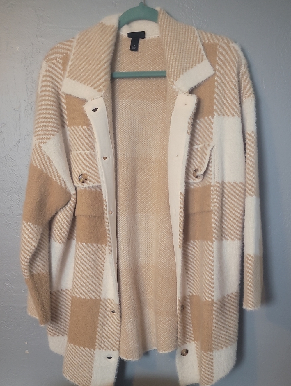 torrid Beige and White Plaid Open Front Cardigan
